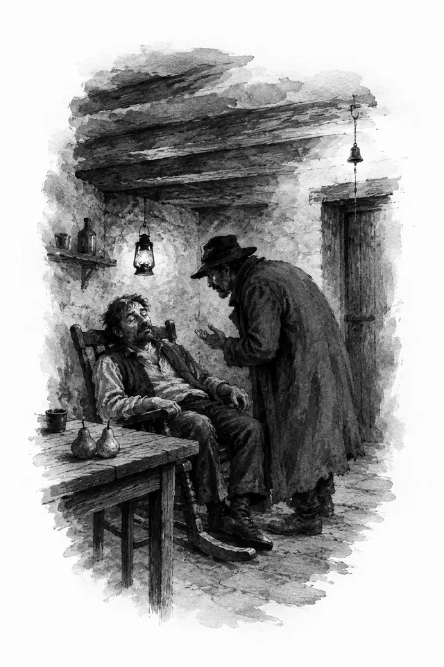 Ilustracija: u podrumskoj kafani stranac u kaputu priča čovjeku koji sjedi sklopljenih očiju na stolici za ljuljanje, na stolu dvije kruške
