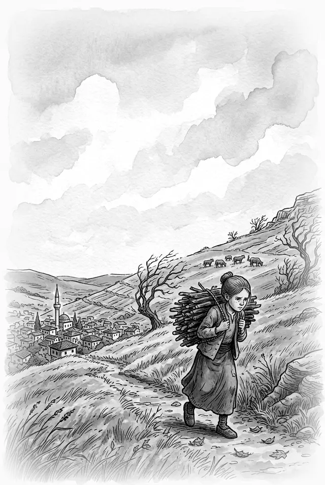 Ilustracija: djevojka nosi naramak drva uz brdo, ispod nje selo s džamijom