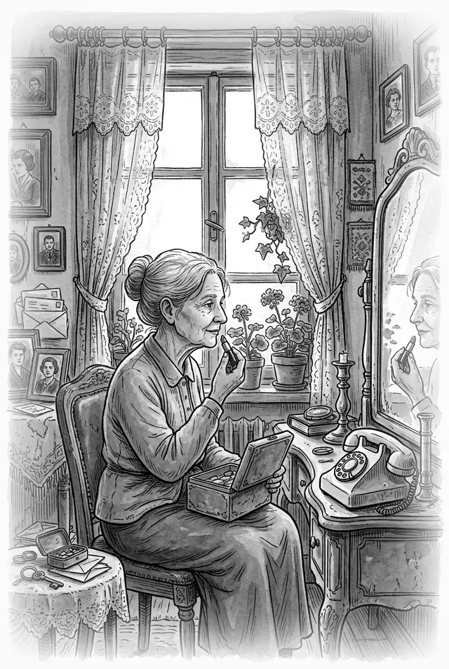 Ilustracija: starica se pred ogledalom šminka karminom, pored nje stari telefon