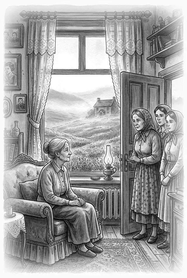 Ilustracija: starica sjedi na kauču, žene stoje na vratima, kroz prozor se vide polja u magli